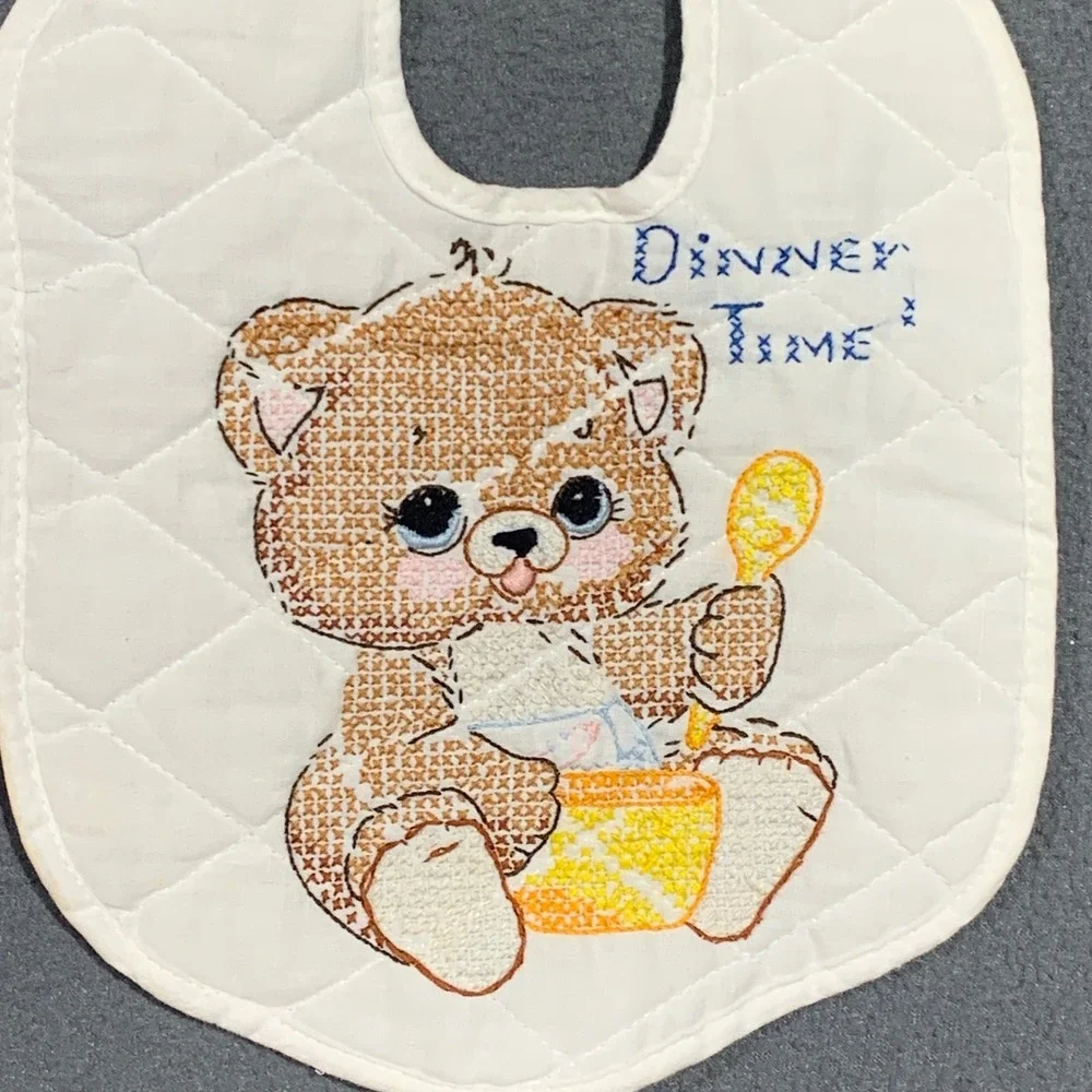 Vintage Hand Embroidered Baby Bibs Set of 2 Quilted Teddy Bear‎ Cross Stitch